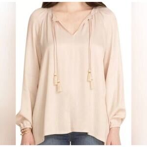 Johnny Was CALME Ivory Peasent Fringe Long Sleeve Blouse Double Tassel Medium